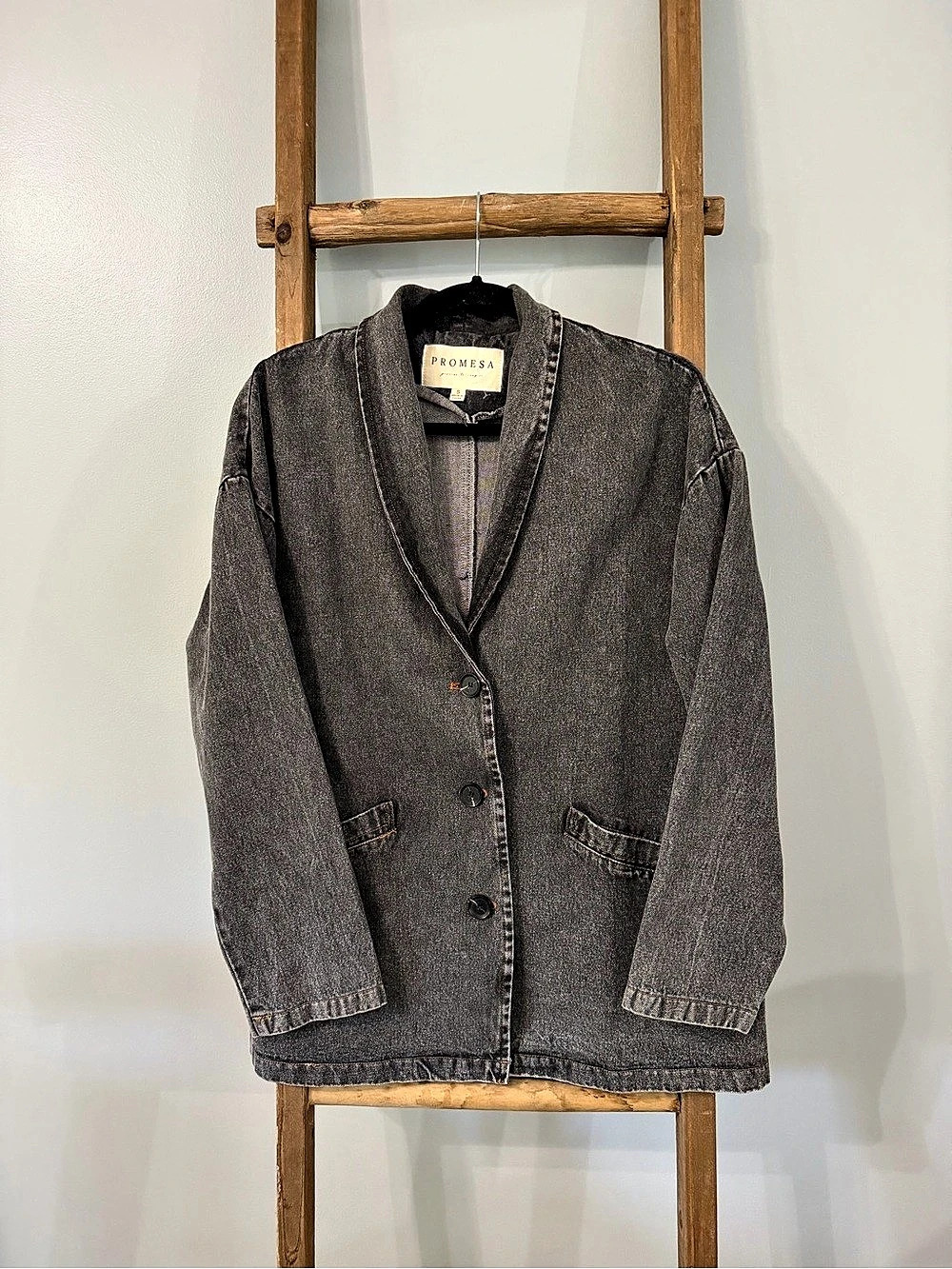 Promesa Gray Acid Wash Denim Blazer Jacket Oversized Boyfriend Shawl Collar Smal